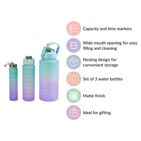 Set Of 3 Motivational Water Bottles Green Lavender Online - Premium ...