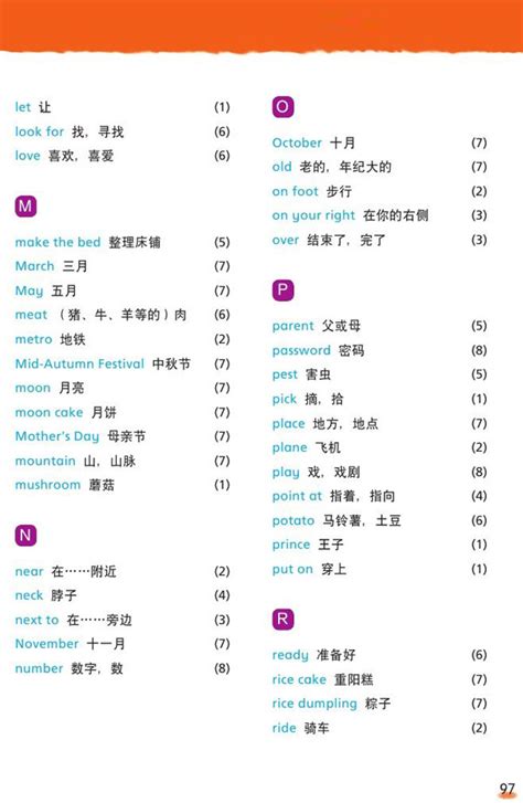 新版小学四年级英语上册教师教学用书附录I单元词汇表_人教版小学课本