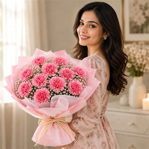 Buy 15 Baby Pink Carnations Satin Bouquet Online | Archies
