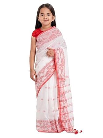 Buy BALIKA TEXTILE Traditional Cotton Saree with Red Border, Floral ...