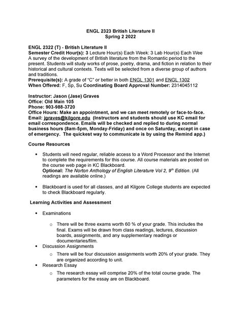 Syllabus for ENGL 2323 0W01 Spring 2 2023 - ENGL 2323 British ...