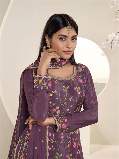 Purple Multi Colour Floral Thread & Embroidered Sharara Suit Set ...