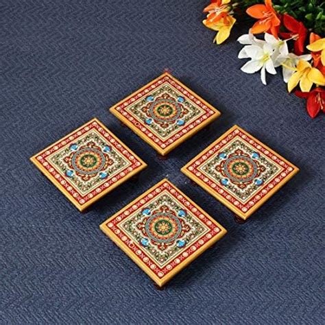 Handicrafts Paradise Marble Chowki Multi Color 4inch, Set of 4pc ...