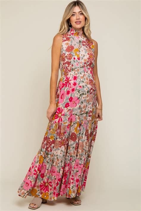 Pink Floral Mock Neck Maternity Maxi Dress – PinkBlush