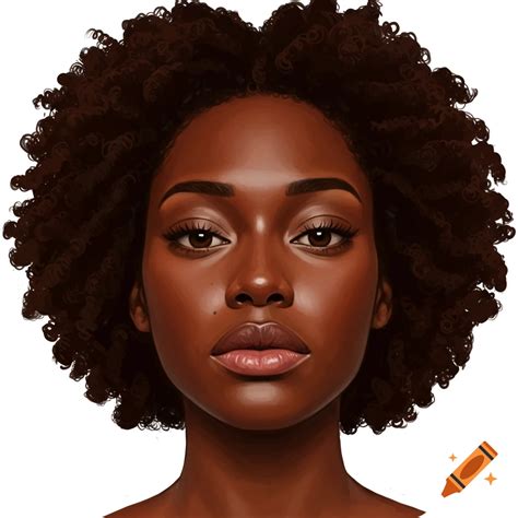 Wide-faced individual with chocolate brown skin and type 4c hair on Craiyon