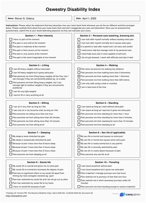 Índice de discapacidad de oswestry | Ejemplo PDF | Carepatron