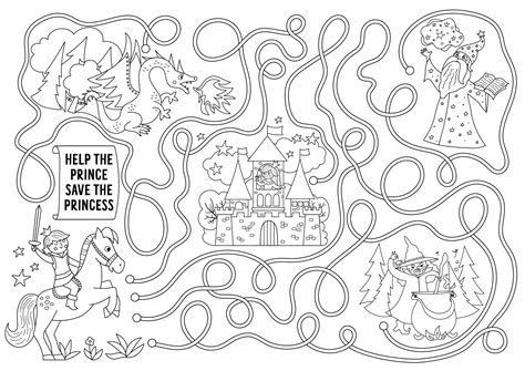 Fairytale maze for kids with fantasy characters. Magic kingdom ...