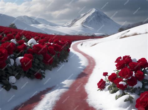 Premium AI Image | field of red roses covered in snow