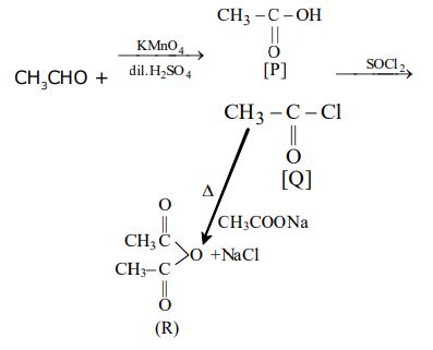 In the reaction series - CH3CHO ->[KMnO4][dil.H2SO4] P ->[SOCl2] Q ...