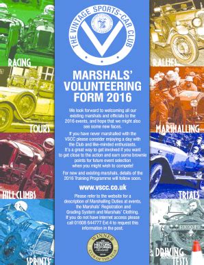 Fillable Online vscc co Marshals Volunteering Form - VSCC - vscc co Fax ...
