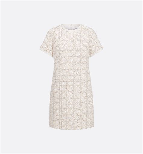 Short Macrocannage Dress Ecru and Gold-Tone Cotton-Blend Tweed | DIOR