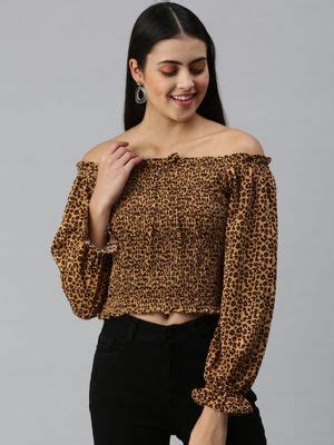 Buy SHOWOFF Women Off Shoulder Balloon Sleeve Animal Print Brown Crop ...