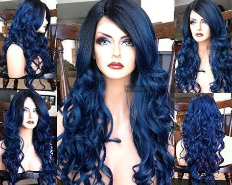 U.S.A. // 23" Dark Blue Wavy HEAT Ok Lace Front & Skin Part Ombre Wig w ...
