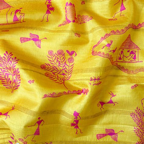 Bright Yellow & Pink Warli Art Digital Printed Tussar Silk Fabric (Wid ...