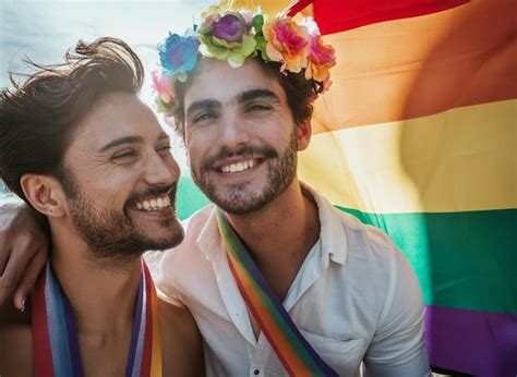 Two men with a rainbow flag behind them one of them has a flower crown ...