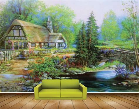 Avikalp MWZ2711 Houses Trees Grass Flowers Culvert Bridge River Pomd W ...