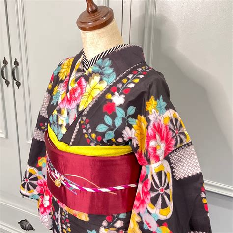 花ぐるま＊銘仙 藤 菊 花車 アンティーク銘仙着物 A406 | kimono tento
