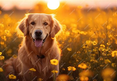 Premium Photo | Golden Retriever at sunset in a field of flowers and ...