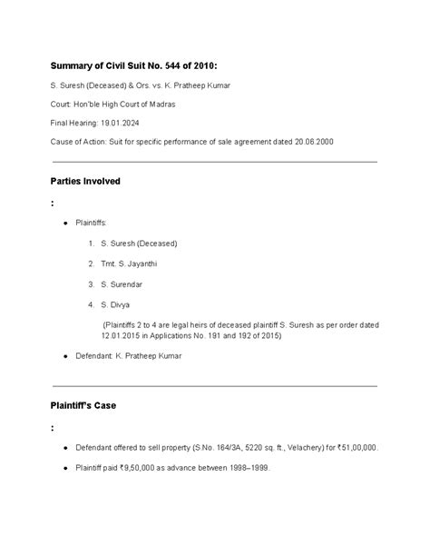 Summary of Civil Suit No. 544 of 2010: S. Suresh vs. K. Pratheep Kumar ...