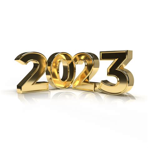 नया साल 2023 गोल्डन स्टील नंबर पारदर्शी पृष्ठभूमि 3 डी चित्रण पर अलग ...