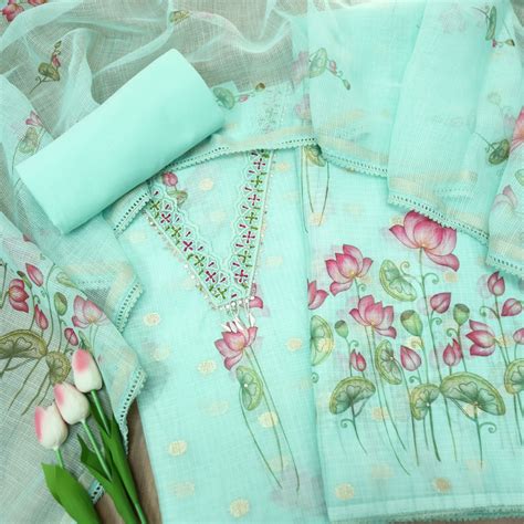 Alina Ocean Aqua V Neck with Moti and Kardana in Pichwai Printed Kota ...