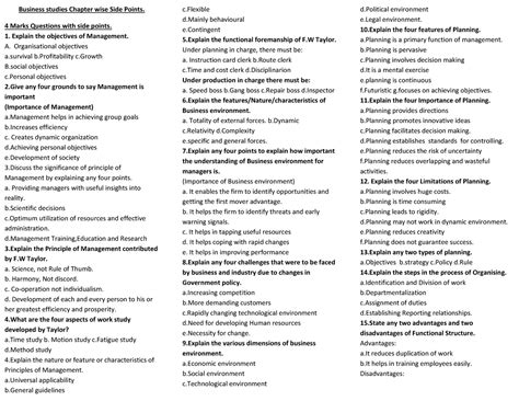Business studies Chapter wise Side Points - 4 Marks Questions with side ...