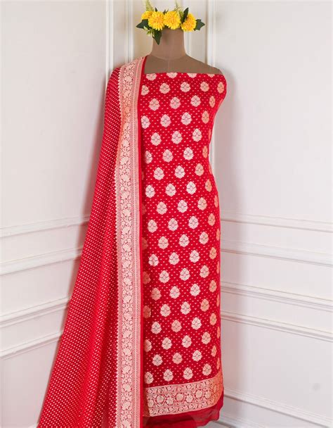 Banarasi Red Unstitched Suit – CHAWLA SILK STORE