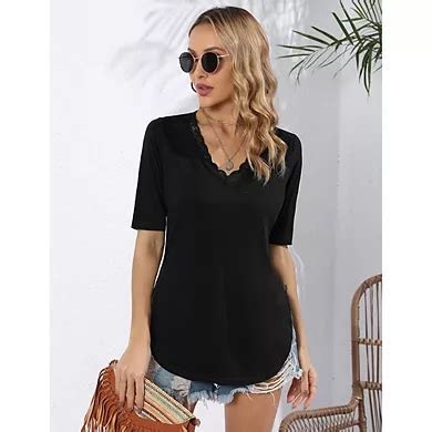 Women Lace Trim V Neck Tshirt Half Sleeve Blouse Basic Tees Summer ...