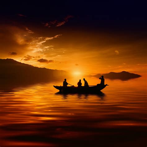 Download wallpaper sunset, lake, boat, silhouette, section landscapes ...