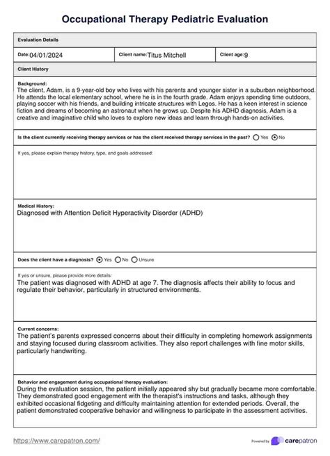 Occupational Therapy Pediatric Evaluation & Example | Free PDF Download