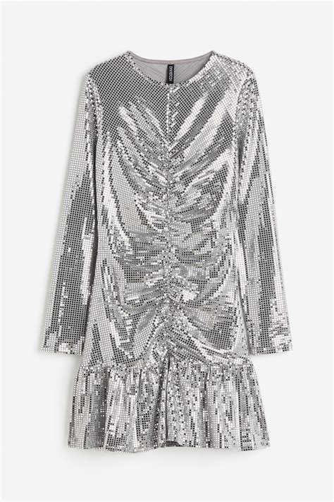 Sequined gathered dress - Silver-coloured - Ladies | H&M IN