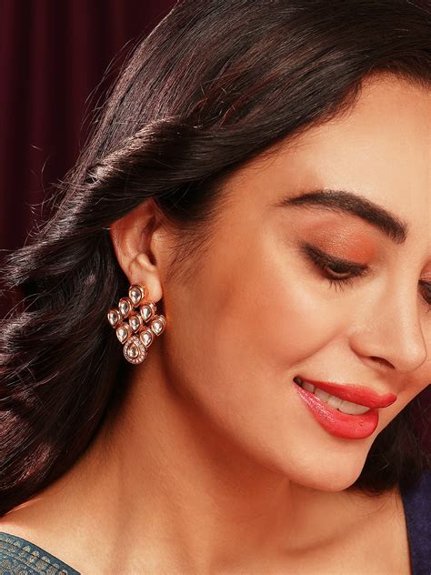 Priyaasi Regal Radiance Gold-Plated Pyramid Pattern Kundan Drop Earrin