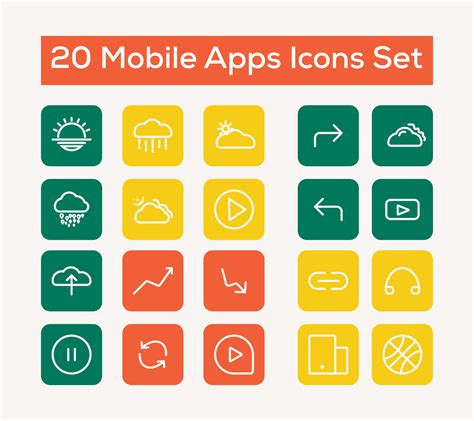 20 Essential Mobile Apps Icon Set, Weather Icon Set, Play Button ...