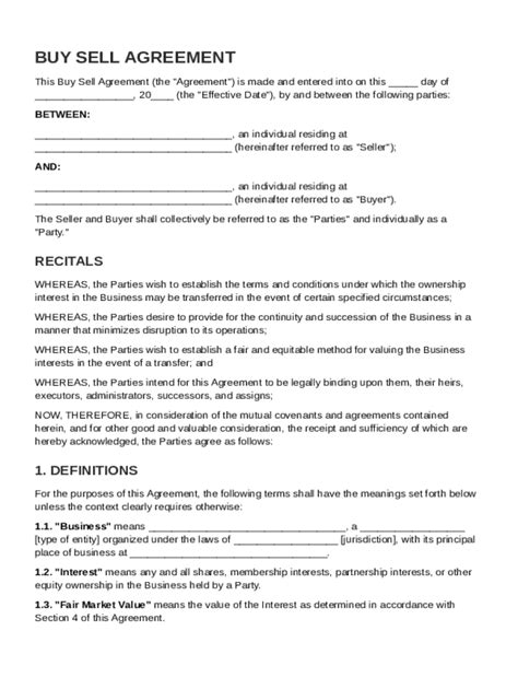 Buy Sell Agreement Template - Blank Fillable Template | Fill Out, Print ...