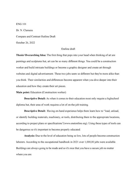 Compare and Contrast essay outline - ENG 101 Dr. N. Clemens Compare and Contrast Outline Draft ...