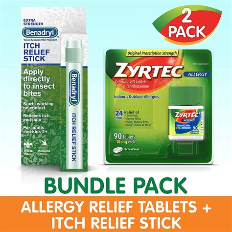 Zyrtec 24 Hour Allergy Relief Tablets & Benadryl Itch Relief Stick Bundle Pack | 90 ct ...