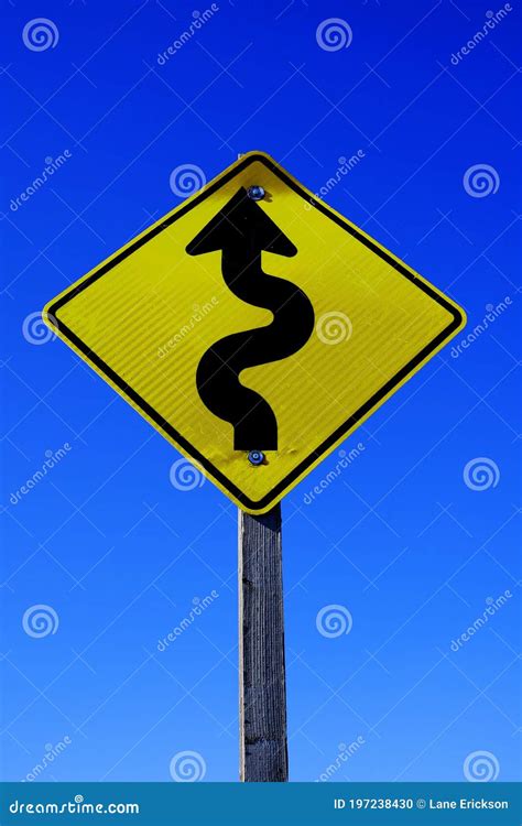 Curves Ahead Roadsign Road Sign Yellow on Blue Sky Stock Photo - Image ...