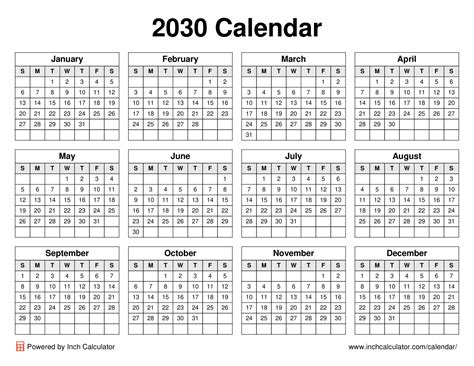 2030 Calendar - Inch Calculator