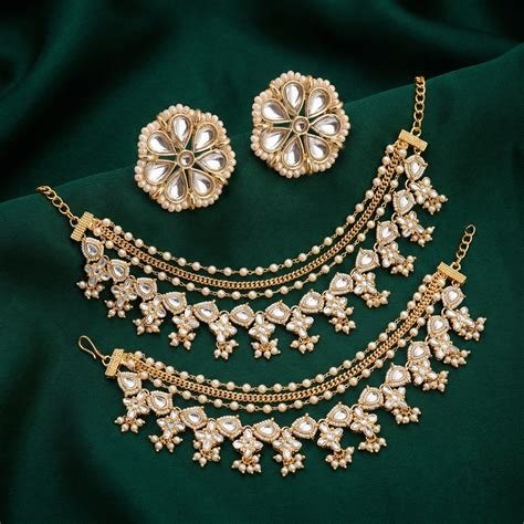 Kundan Stud Earrings with Beaded Pearl Ear Chains (Earring + Earchain