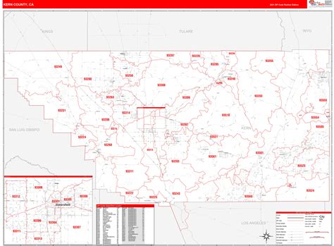 Kern County, CA Zip Code Wall Map Red Line Style by MarketMAPS - MapSales