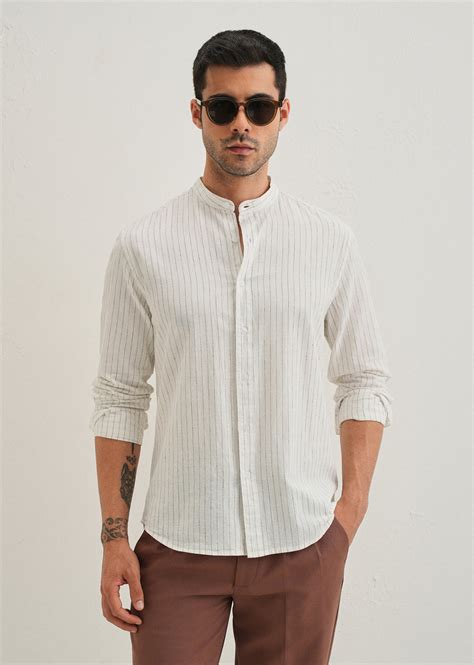 White Striped Mandarin Collar Cotton Shirt