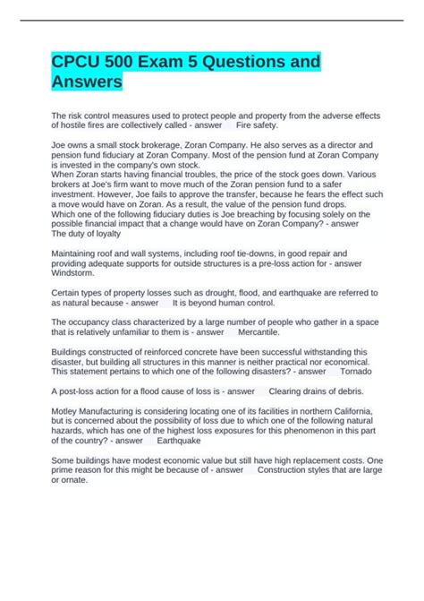 CPCU 500 Exam 5 Questions and Answers - CPCU - Chartered Property ...