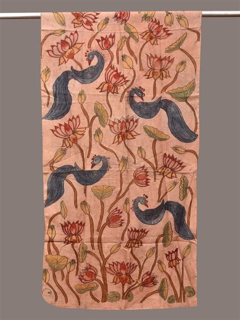 Cream Kalamkari Hand Painted Sico Stole with Lotus and Peacocks Design ...