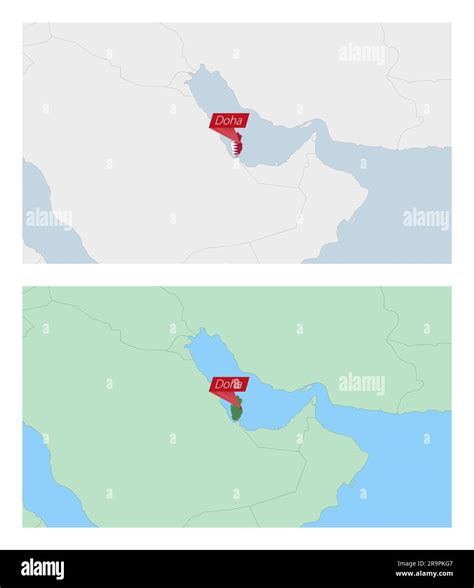 Qatar map with pin of country capital. Two types of Qatar map with neighboring countries. Vector ...