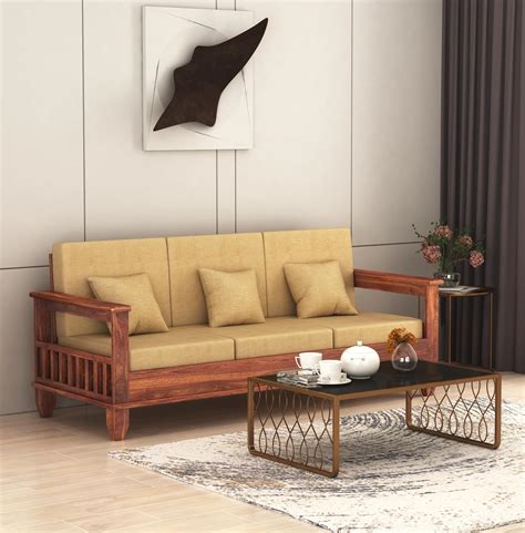 Strata Furniture Sheesham Wood 3 Seater Sofa Set for Living Room Home ...