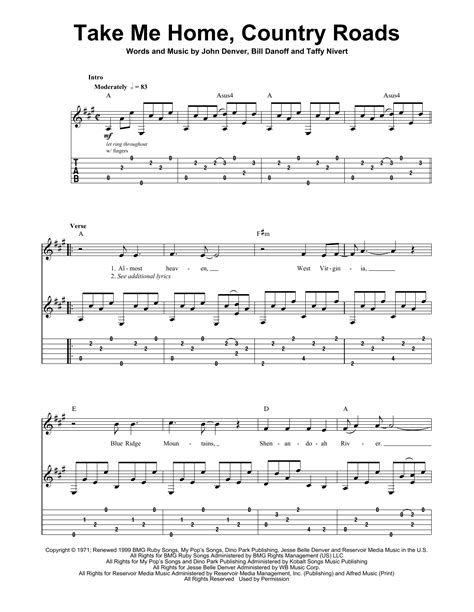Take Me Home, Country Roads by John Denver - Guitar Tab Play-Along ...