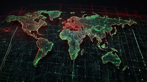A digital world map with glowing attack lines in red and green ...