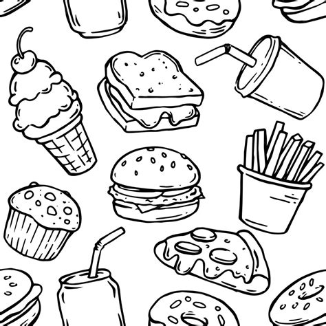Padrão sem costura sobre o tema de fast food pizza burger sorvete e ...