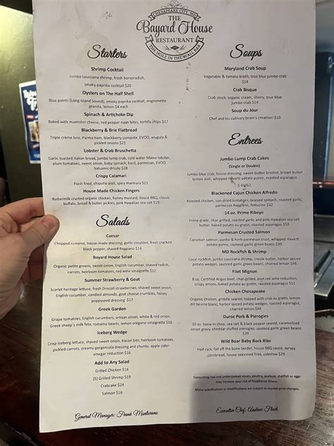 Menu at The Bayard House Restaurant, Chesapeake City