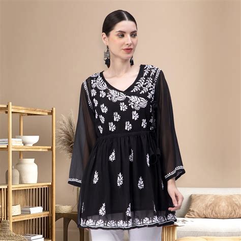 Seva Chikan Hand Embroidered Georgette Lucknowi Chikan Top With Slip
